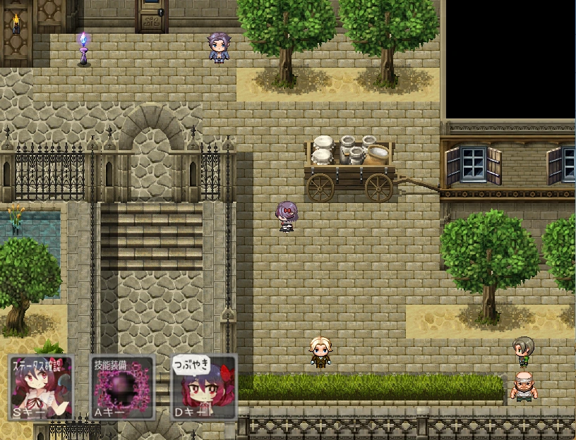 村や都市を探索するゲーム画面